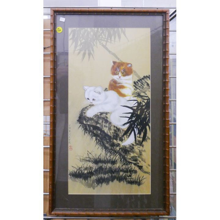 Chinese Painting of Cats on Silk Framed- 25x15''