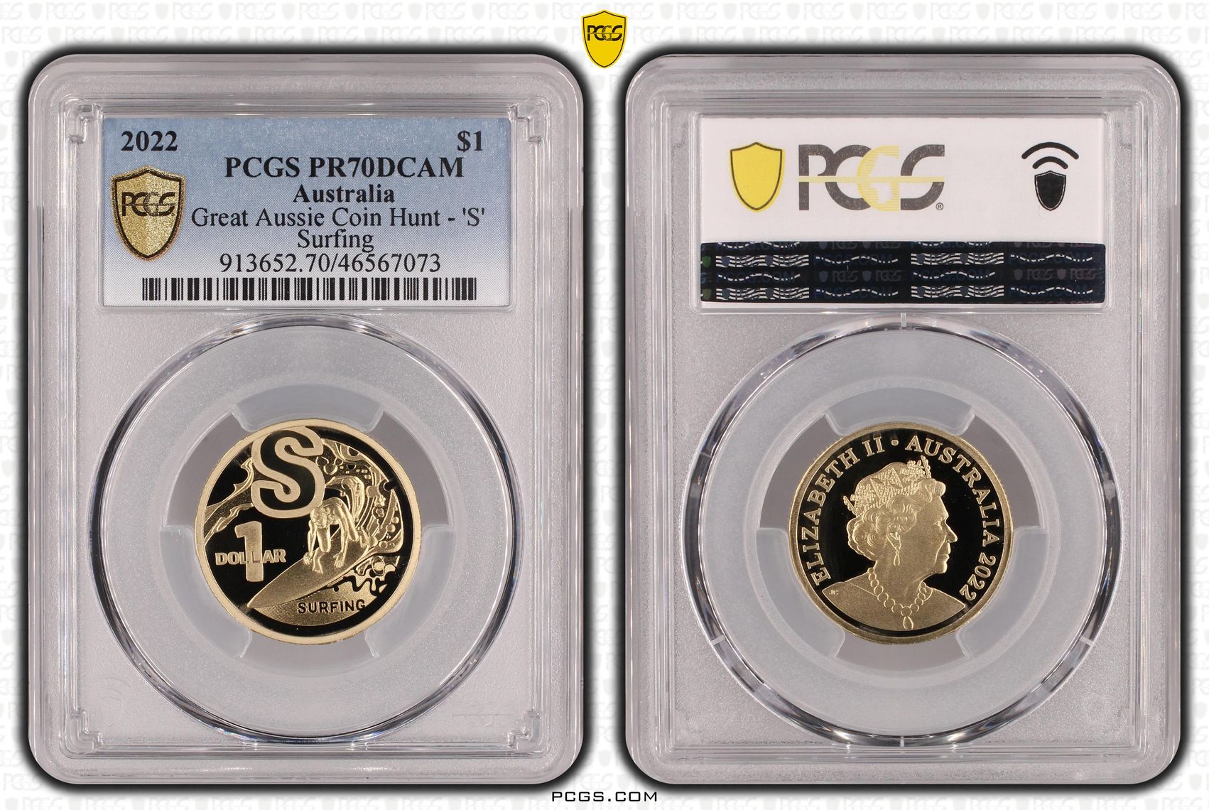 Great Aussie Coin Hunt - 'S' Surfing, POP 14/0, One Dollar, 2022, PCGS PR70DCAM