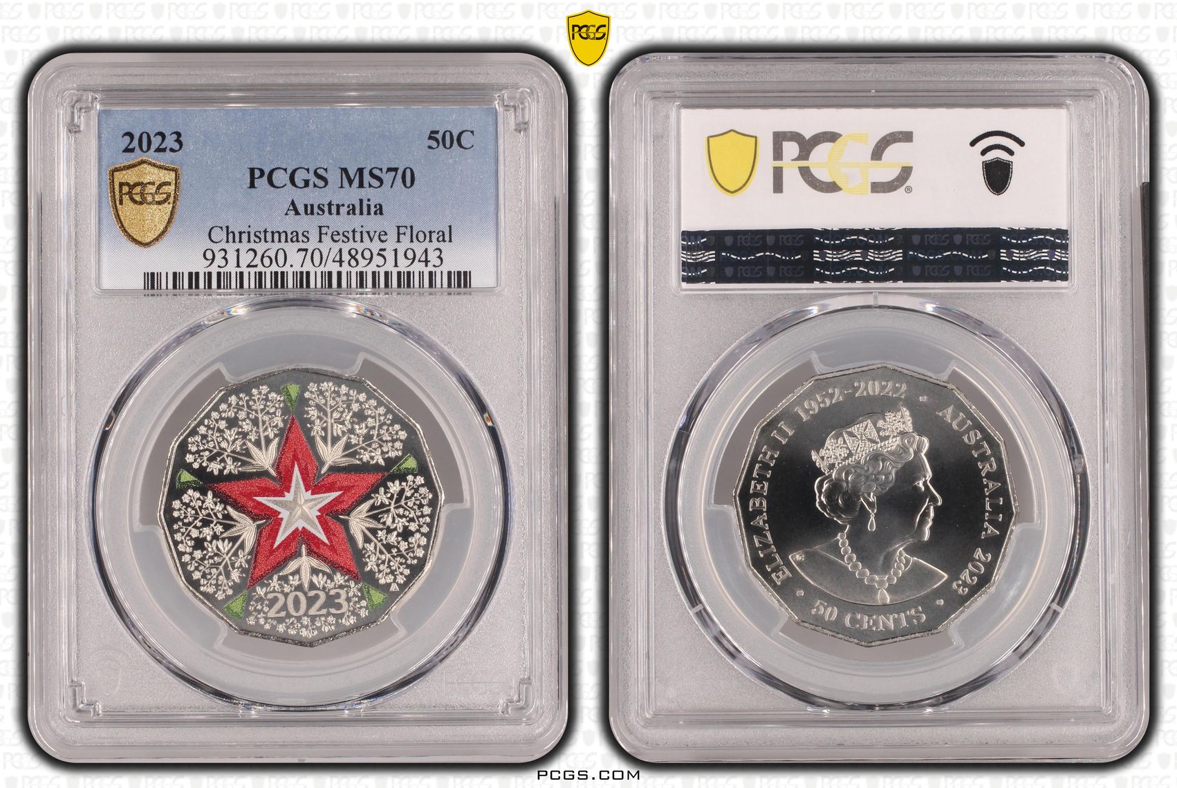 Elizabeth II, Christmas Festive Floral, Fifty Cent, 2023, PCGS
