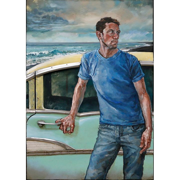Matt Gauldie 'Untitled - Man and classic car by ocean'
