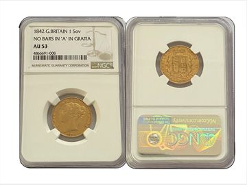 1842 Unbarred A's in Gratia Queen Victoria Shield Gold Sovereign. Graded by NGC AU53