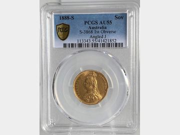 1888 VICTORIA JUBILEE HEAD SYDNEY GOLD SOVEREIGN AU55 PCGS
