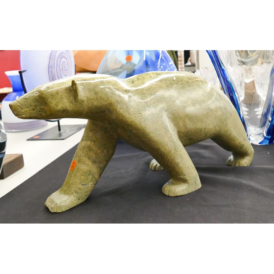Tommy Takpanie Inuit Large Bear Stone Sculpture 9''x19''