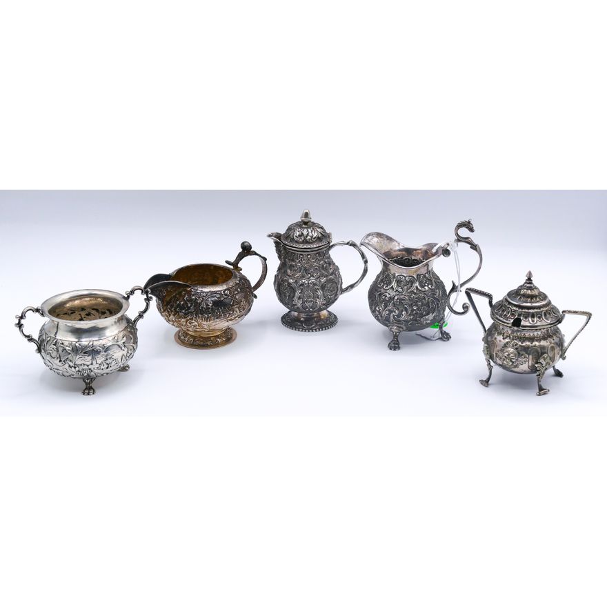 5pc Antique Dutch .833 Silver Ornate Sugar & Creamers 3'' to 4''