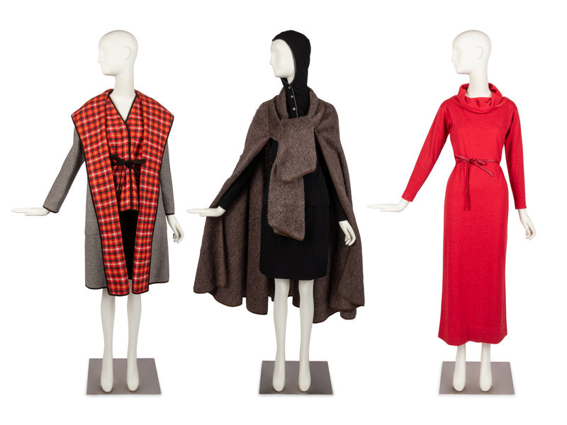 Bonnie Cashin Cape, Coat with Belt, Dress with Belt, Hooded Sweater, Two Sketches, 1960-70s