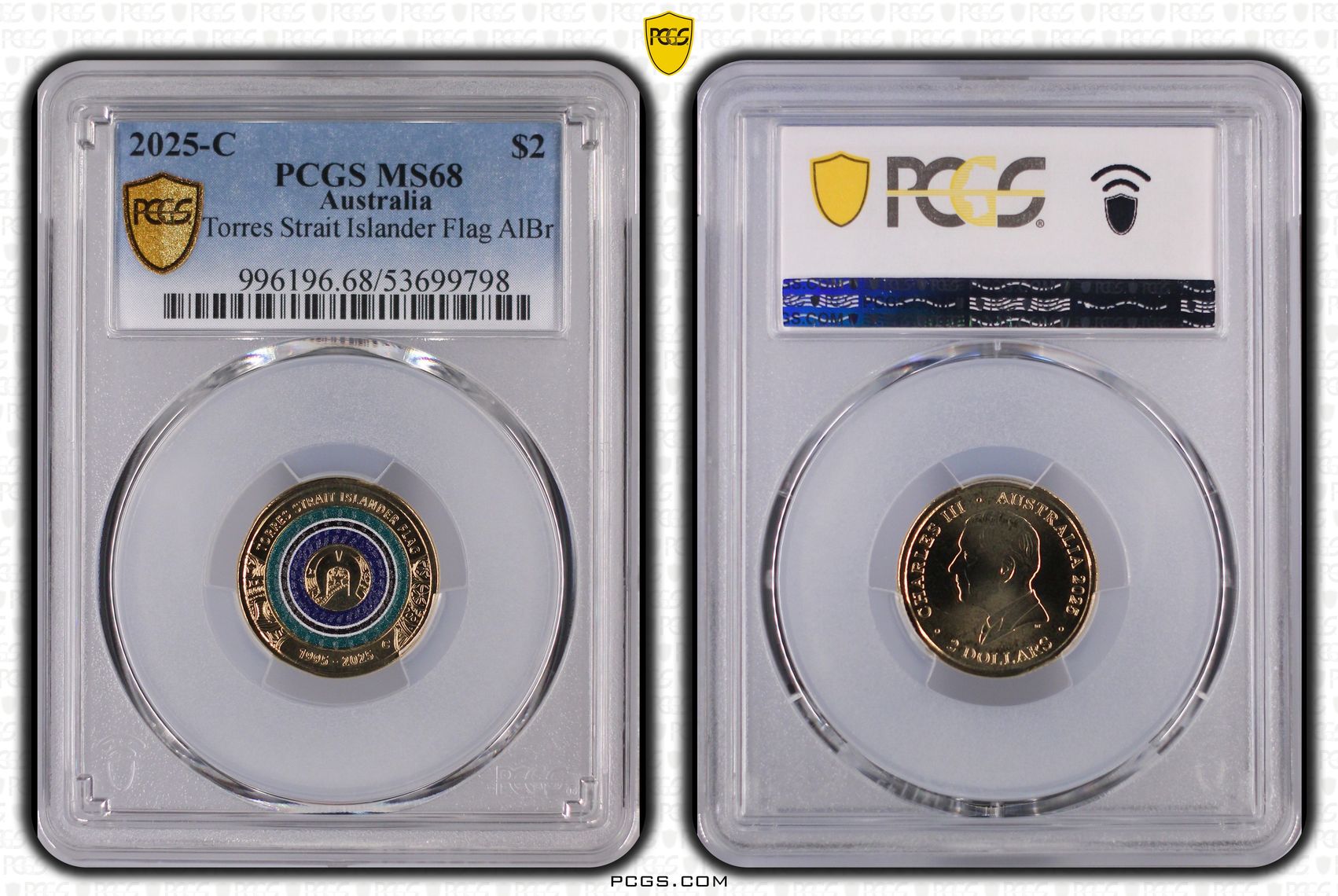 Torres Strait Islander Flag Colourised AlBr, Two Dollar, 2025-C, PCGS MS68