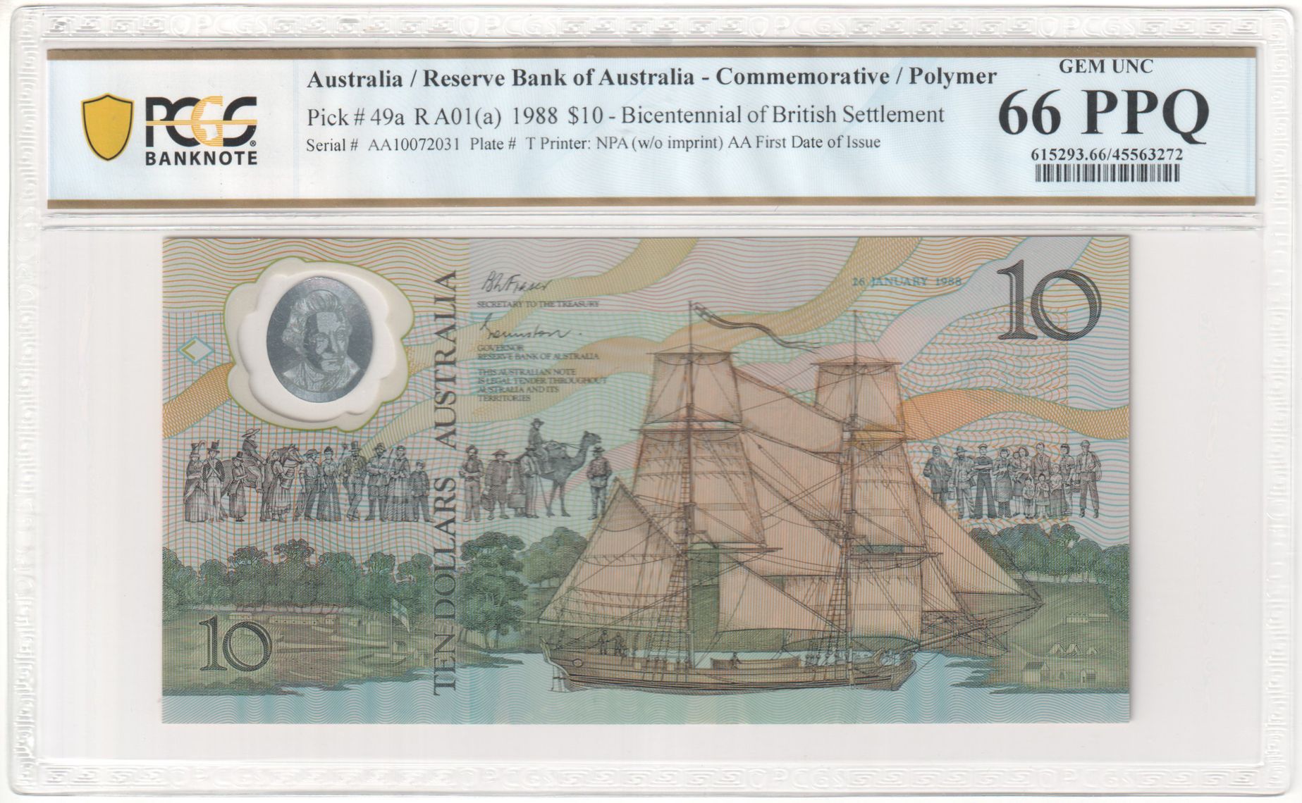 R. A01(a), RBA, Bicentennial of British Settlement, Prefix AA; First Date of Issue, Ten Dollar, 1988, PCGS - Gem UNC 66 PPQ