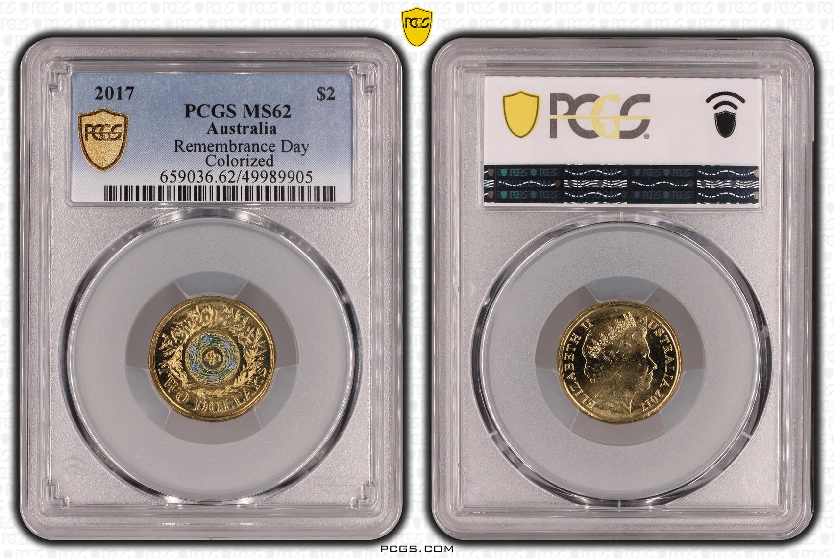 455 · Remembrance Day Colourised, Two Dollar, 2017, PCGS MS62