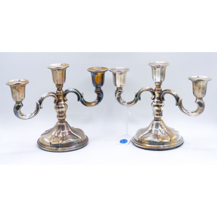 Pair Swedish 830 Silver Weighted Triple Candelabras 7.5''x9.5''
