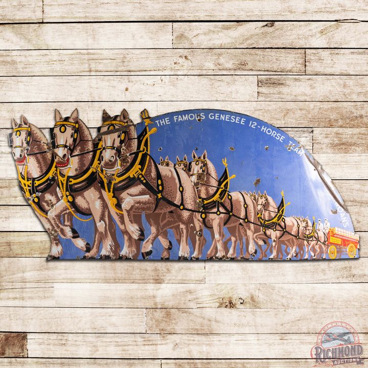 Choice Genesee Beer Brewing Company Die Cut 10' SS Porcelain Sign w/ 12 Horse Team & Wagon