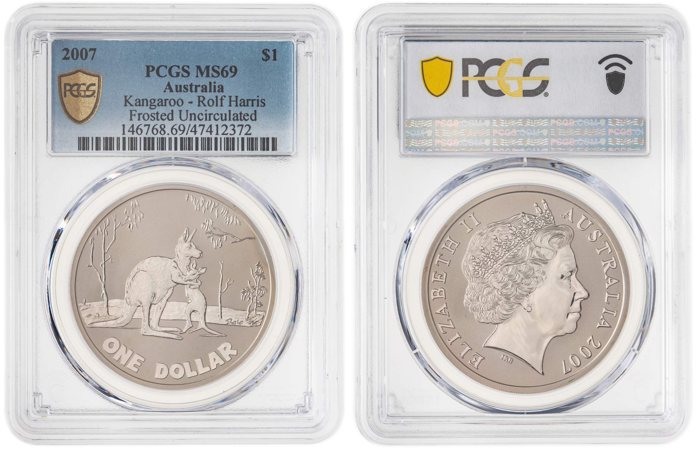 Elizabeth II, Kangaroo - Rolf Harris Frosted Uncirculated, One Dollar, 2007, PCGS MS69