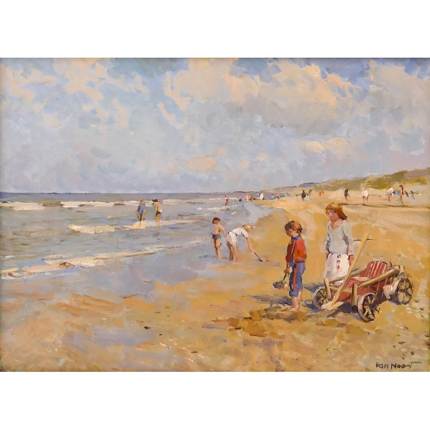 Andrianus Cornelius 'Arie' Van Noort (1914-2003 Holland) 'Children at the Beach' Oil on Panel