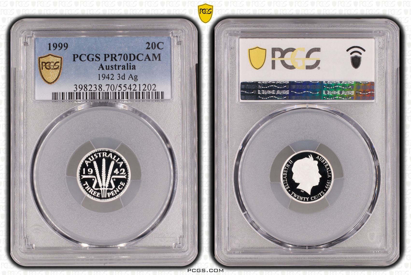 1942 Threepence Silver, Twenty Cent, 1999, PCGS PR70DCAM