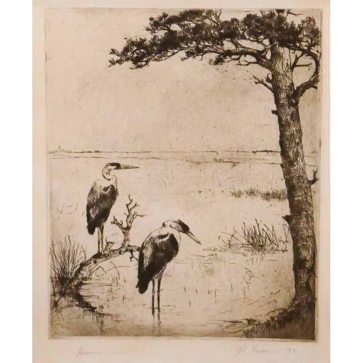 William Brown Herons 1983 Etching Framed- 14x12''