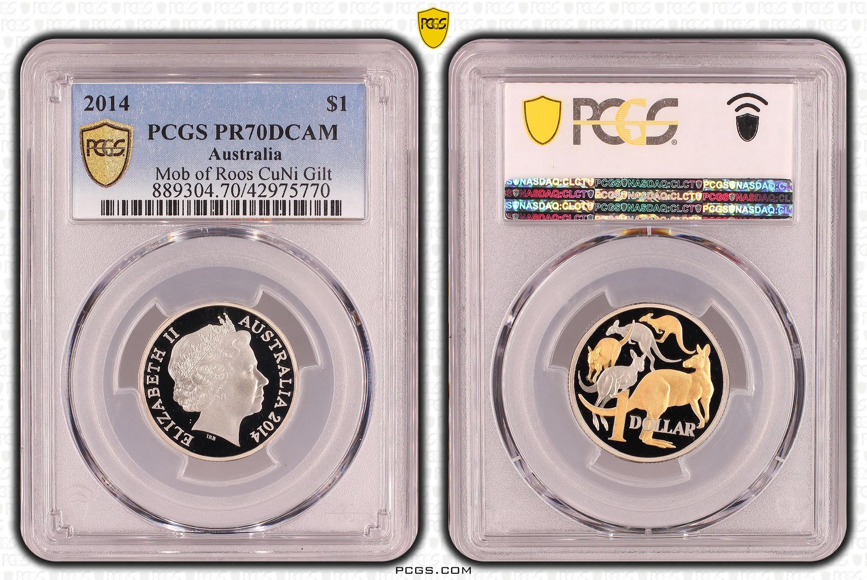 Elizabeth II, Mob of Roos CuNi Gilt, One Dollar, PR70DCAM , 2014 PCGS POP - 1/0