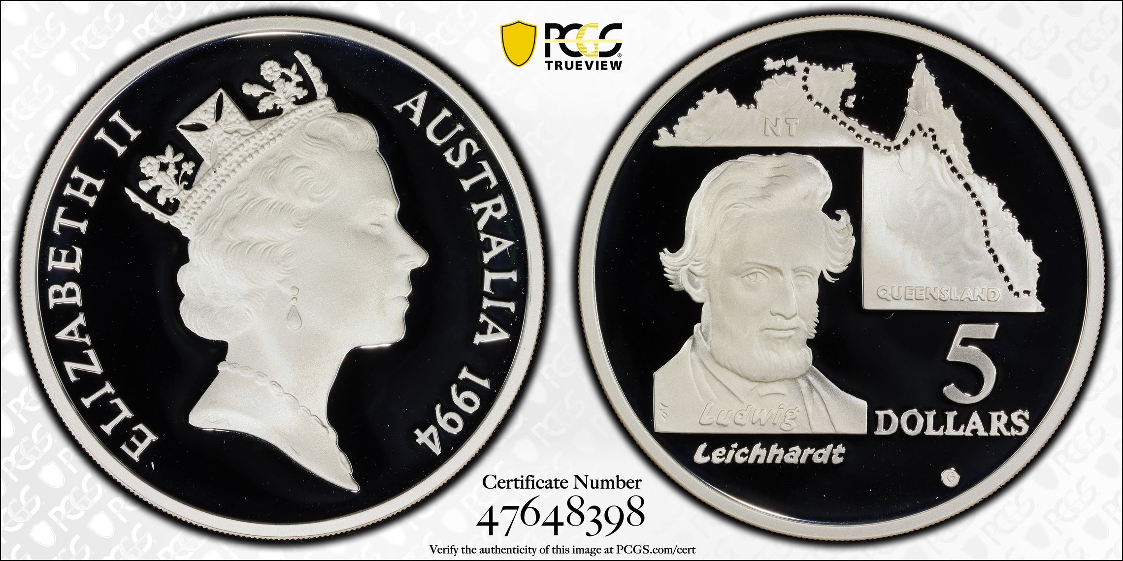 Ludwig Leichhardt Australian Explorers, Five Dollar, 1994, PCGS PR69DCAM