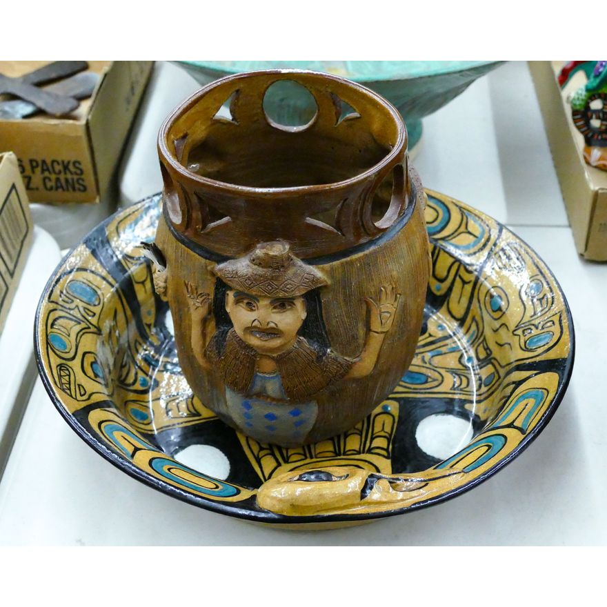 2pc Doe Stahr NW Native Sculptural Pottery Vase and Bowl 8'' and 13.5''
