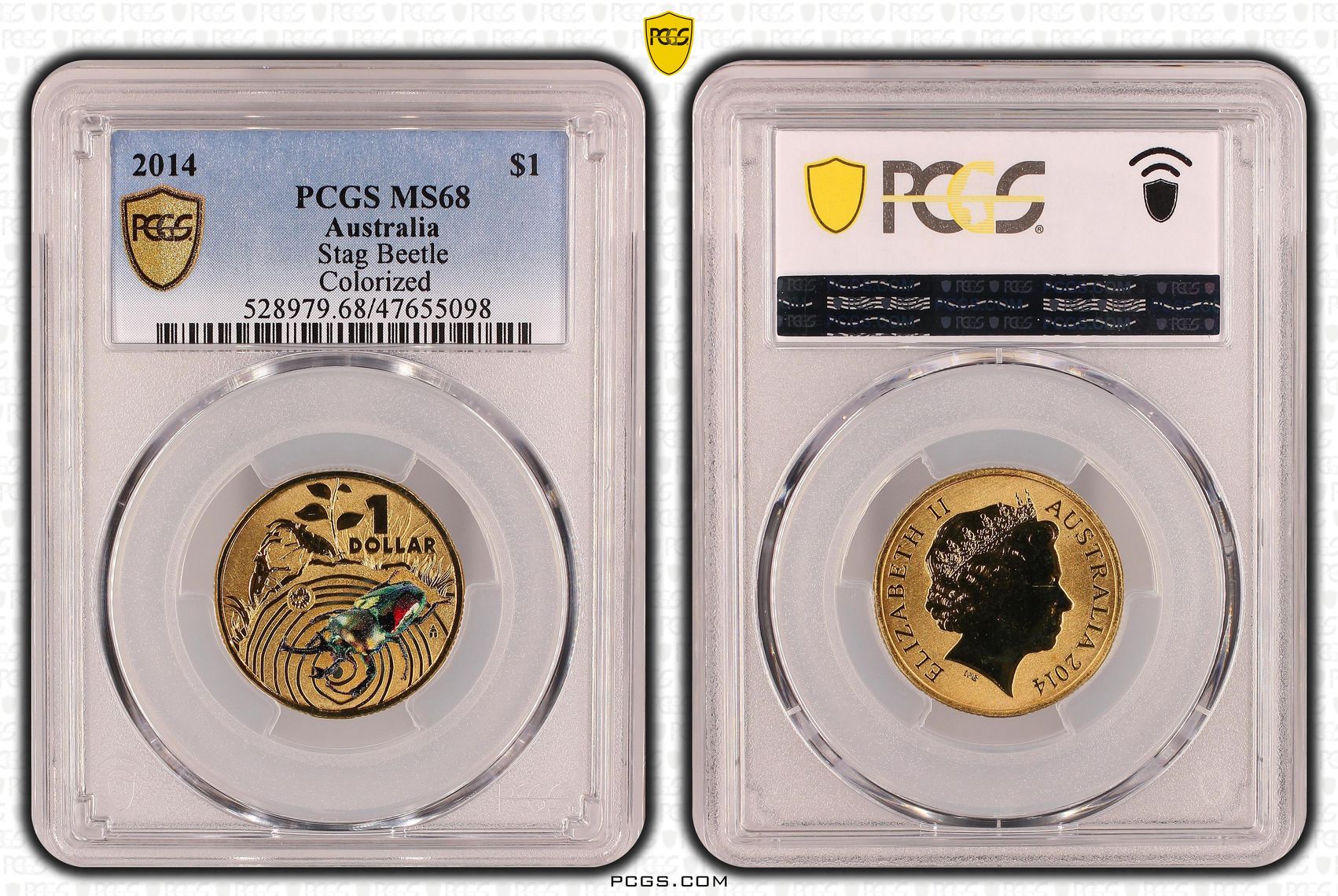 Elizabeth II, Stag Beetle Colorized, One Dollar, 2014, PCGS MS68