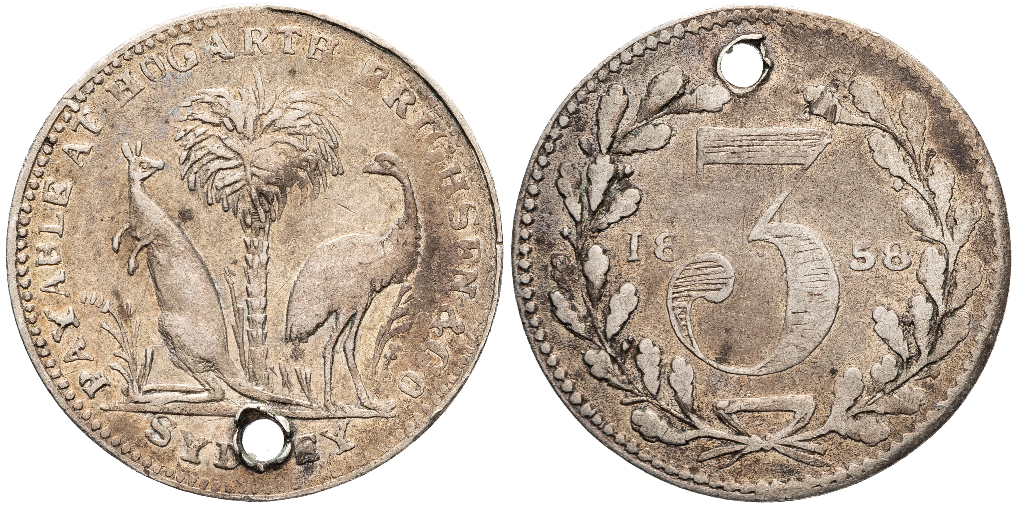 A.121b - Hogarth & Erichsen, Sydney, New South Wales, Threepence, 1858, aVF - VF
