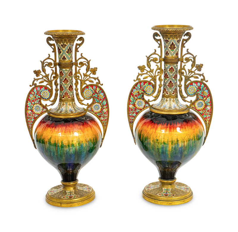 A Pair of French Gilt Bronze,  Champlevé Enamel and Plique a Jour Baluster Vases