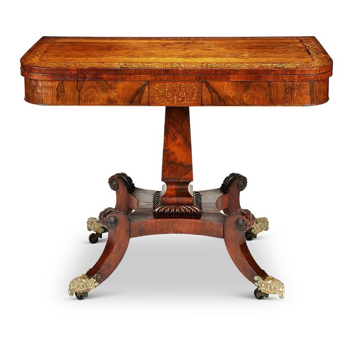 A Regency rosewood and sycamore marquetry tea table
