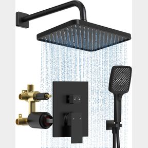 UPGRADED SHOWER SYSTEM FOR BATHROOM: APOSHION 12 INCH SQUARE RAINFALL SHOWER FAUCET SET ROUGH-IN PRESSURE-BALANCED VALVE WITH HAND