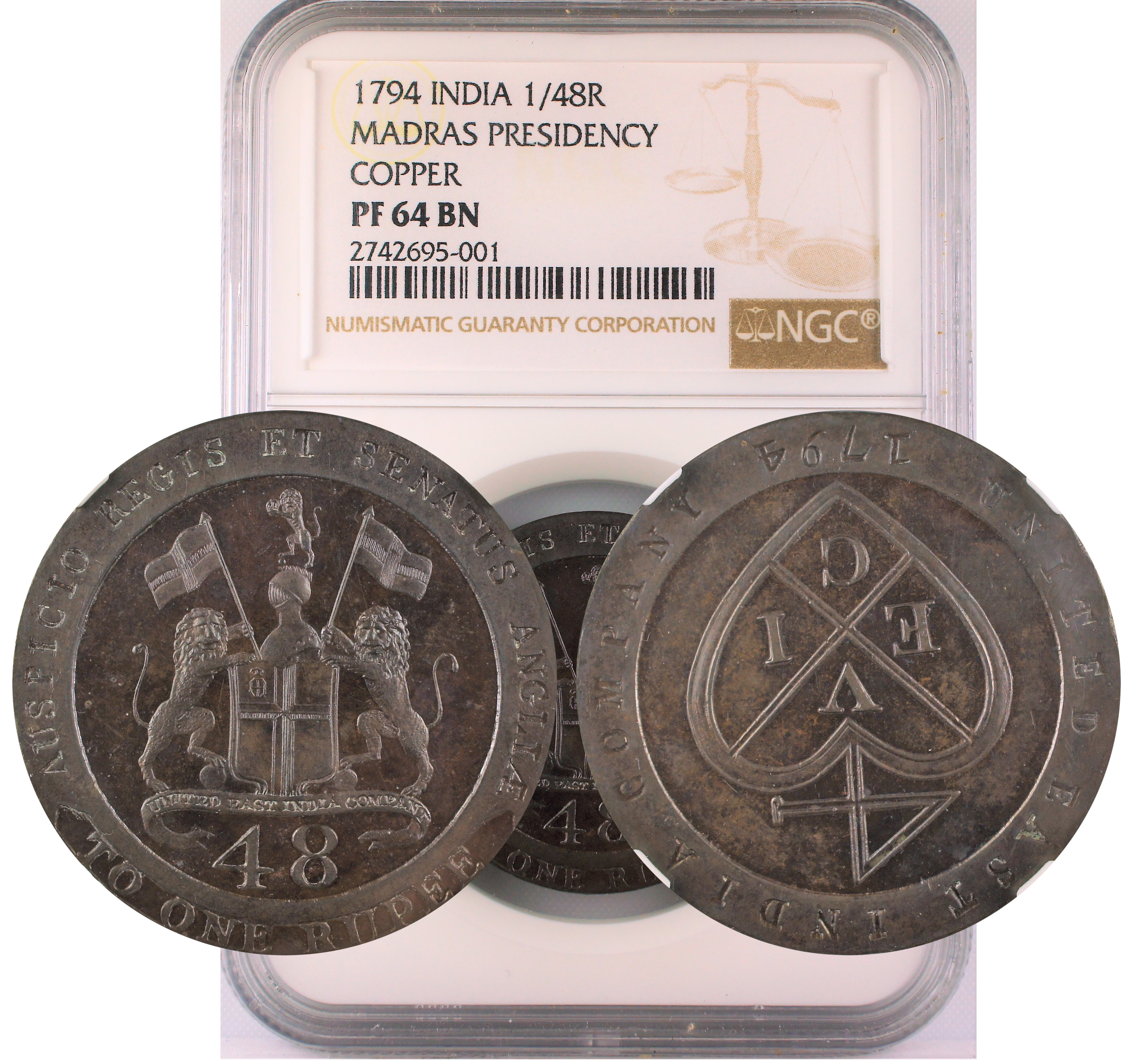 1794 INDIA 1/48 RUPEE MADRAS PRESIDENCY COPPER PF64 BN