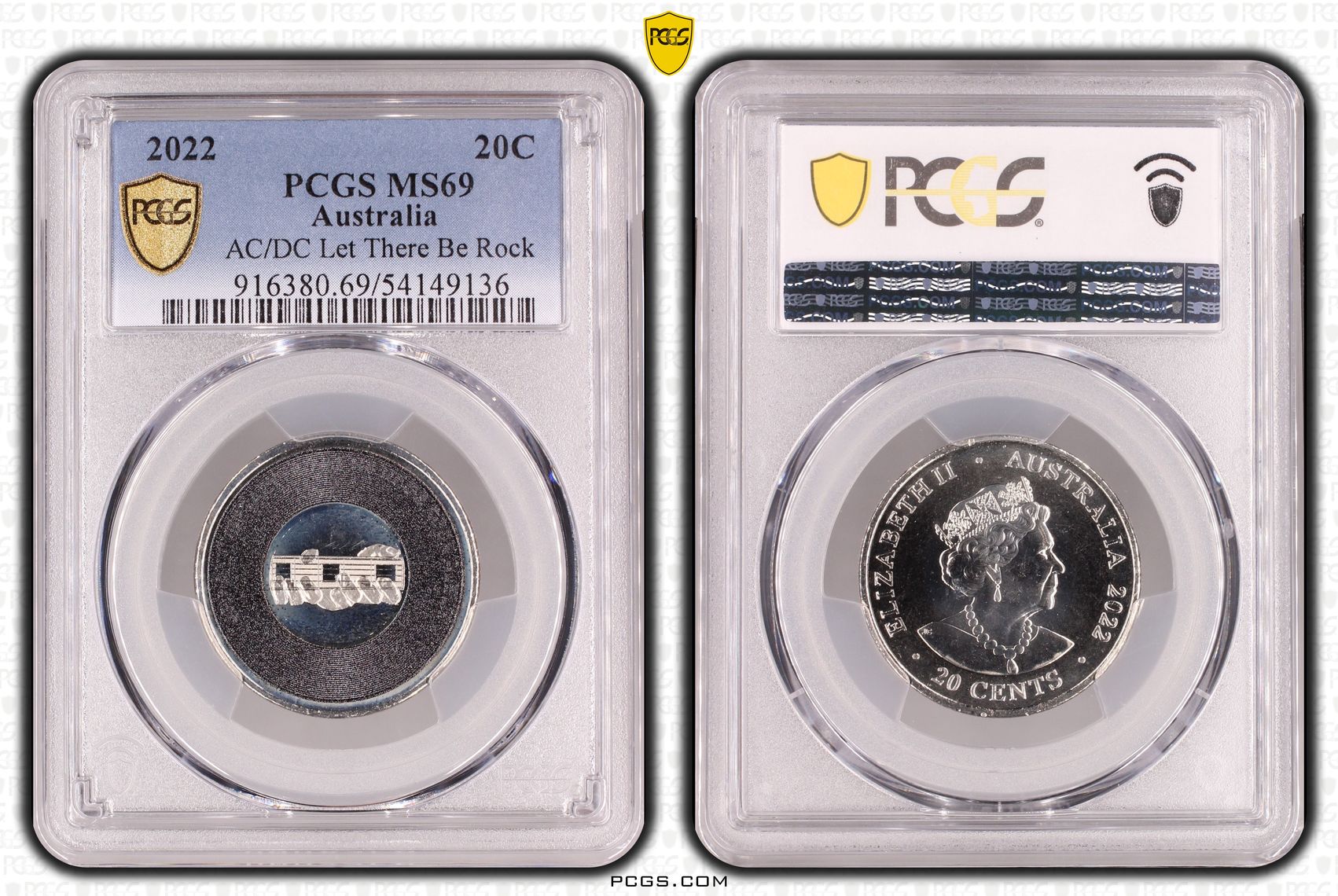 AC/DC Let There Be Rock, Twenty Cent, 2022, PCGS MS69