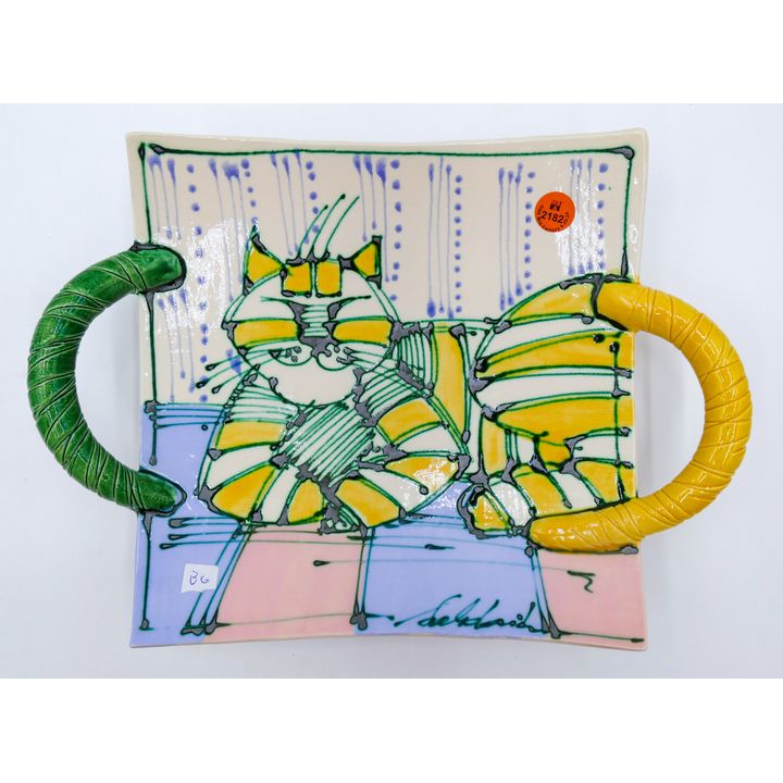 Studio Pottery Handled Cat Hanging Tray 13''