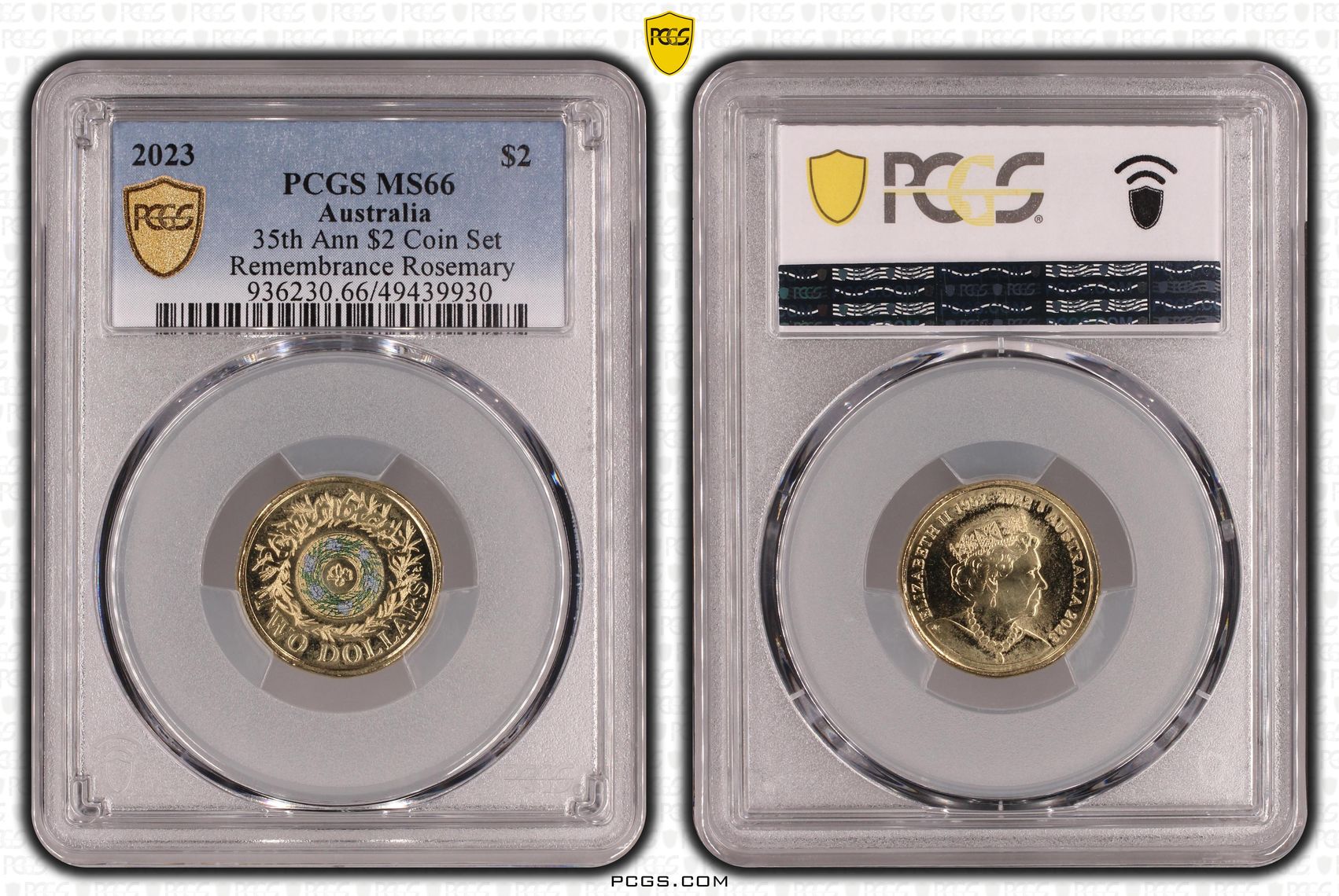 Elizabeth II, 35th Ann $2 Coin Set Colorized Remembrance Rosemary , Two Dollar, 2023, PCGS MS66