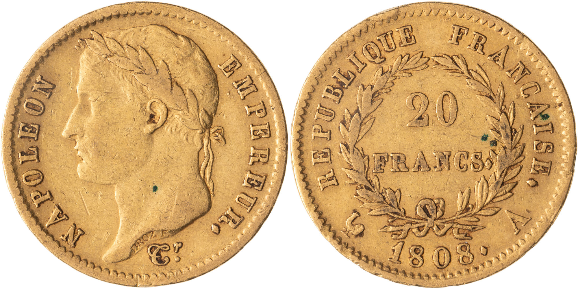 France, Napoleon I, Twenty Francs, 1808-A, Fine