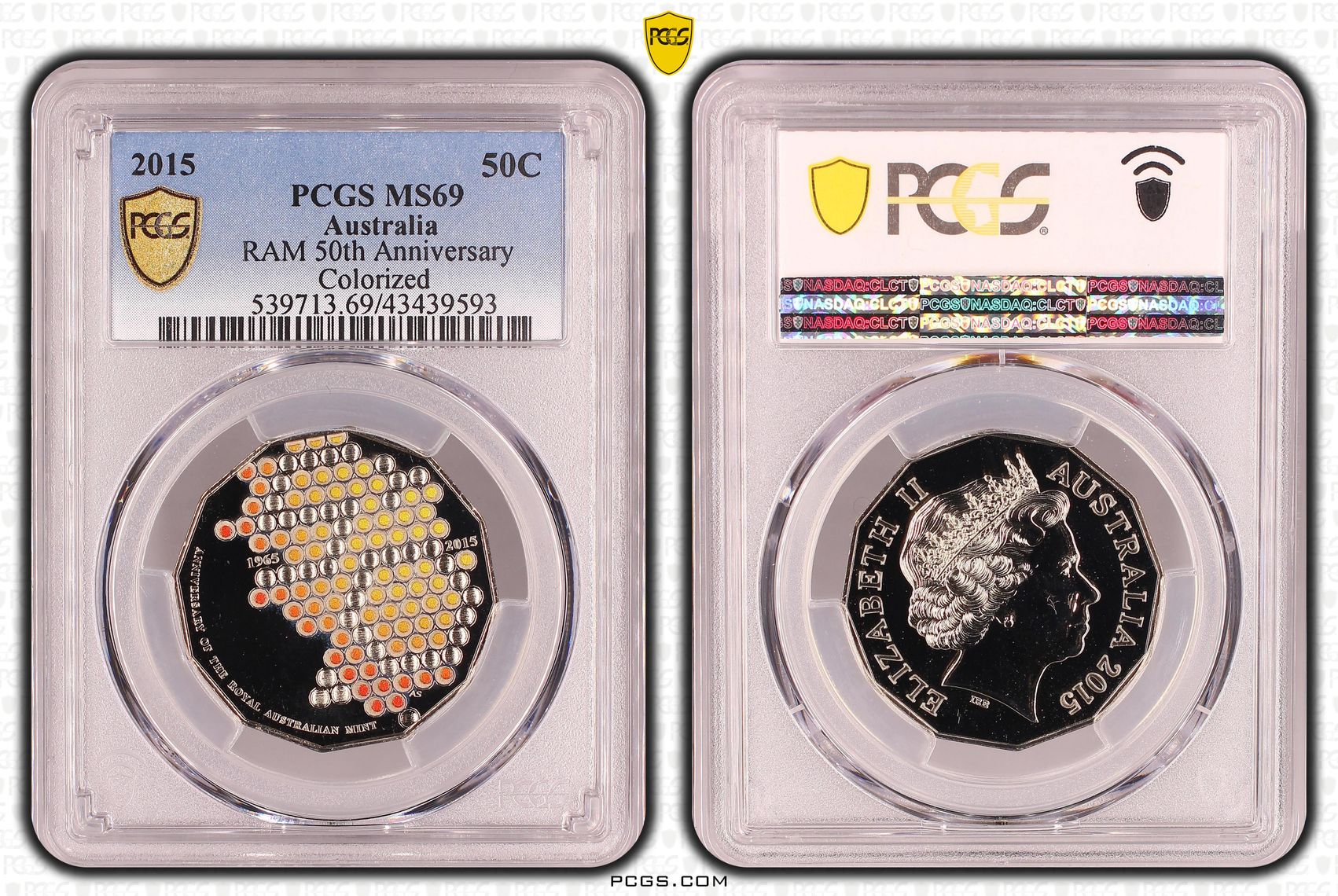 Elizabeth II, RAM 50th Anniversary Colorised, Fifty Cent, MS69 , 2015