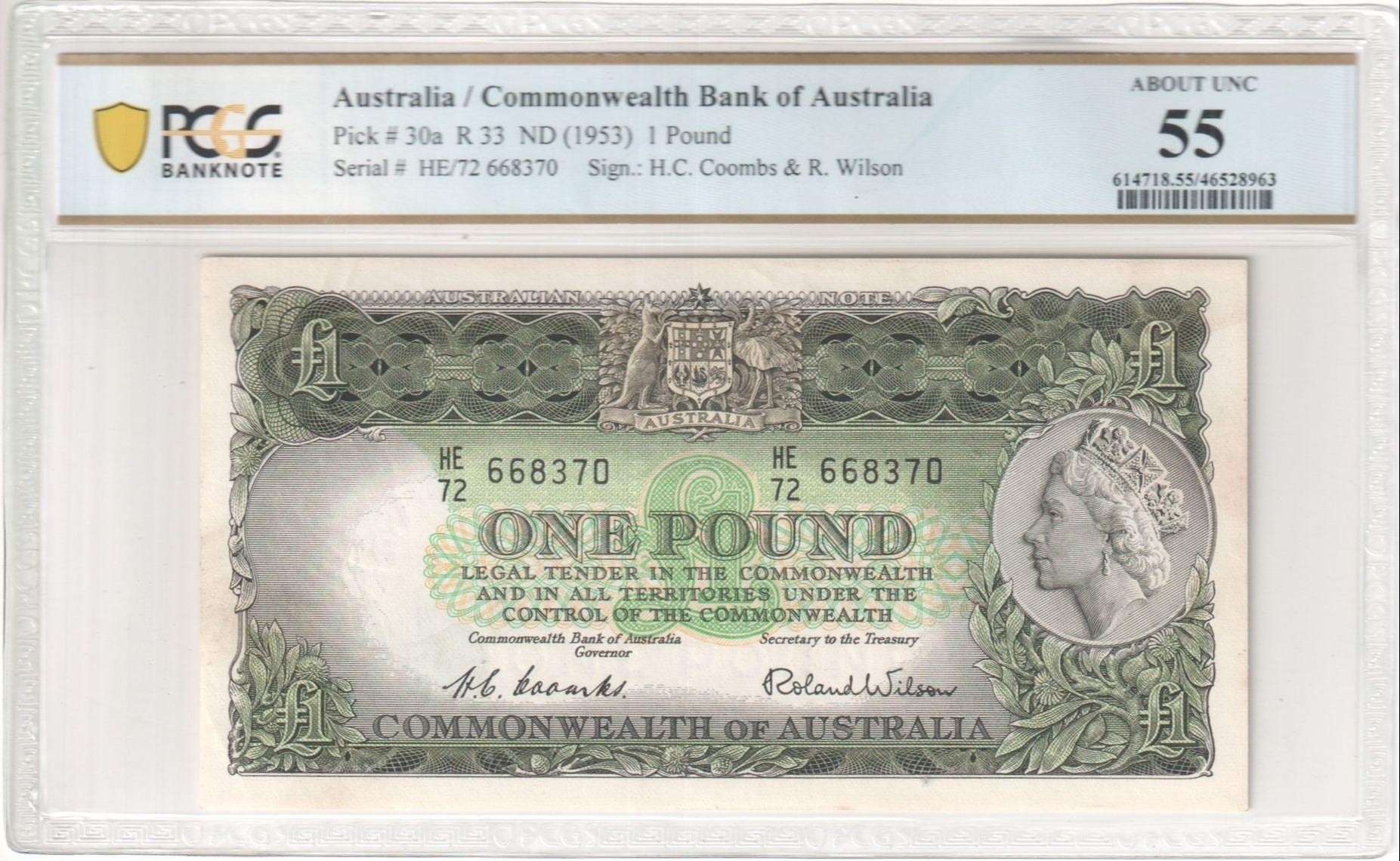 88 · Commonwealth Bank of Australia, Sign.: H.C. Coombs & R. Wilson, 1 Pound, ND (1953), PCGS - About UNC 55