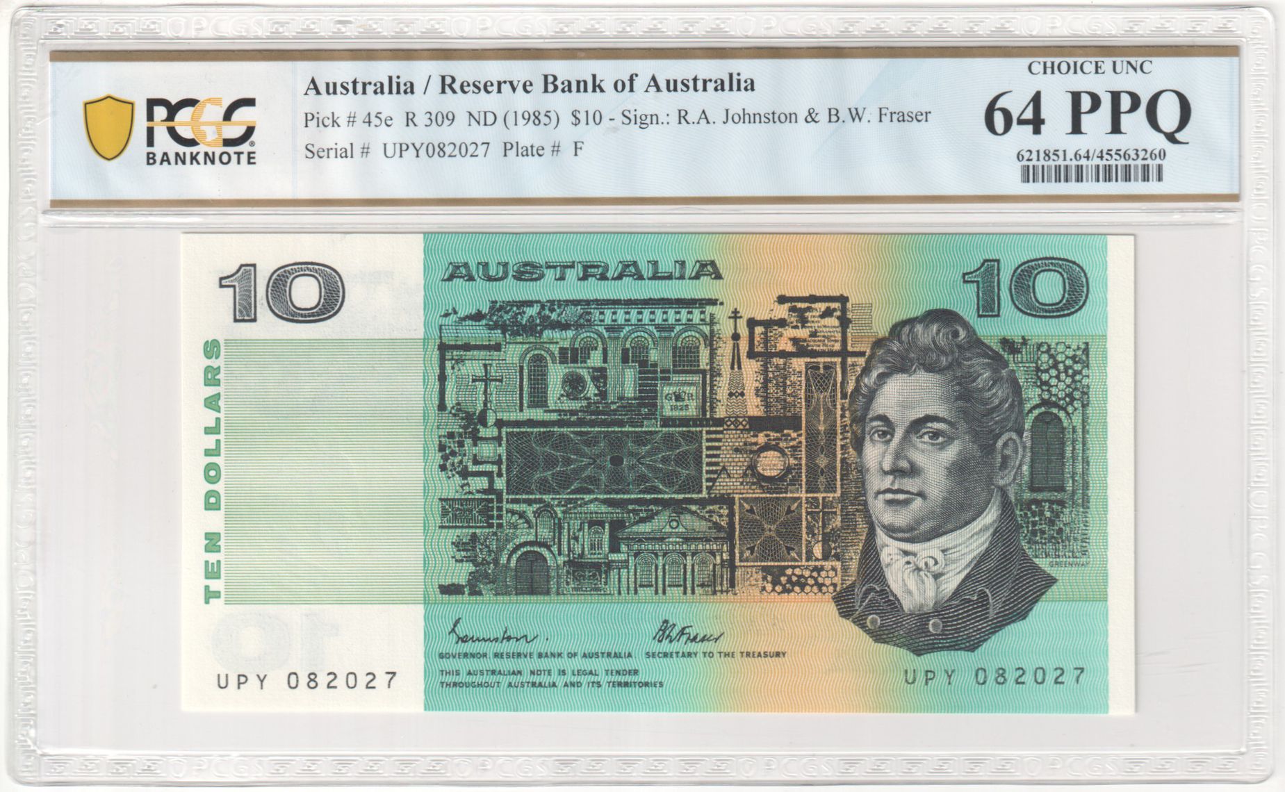 101 · R. 309, Reserve Bank of Australia, Sign.: R.A. Johnston & B.W. Fraser, Ten Dollar, ND (1985), PCGS - Choice UNC 64 PPQ
