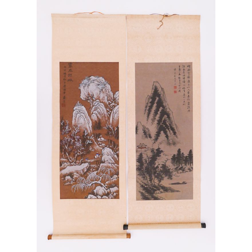 Pair Japanese Winter Scroll Paintings with Weights- 52x17'' mounted