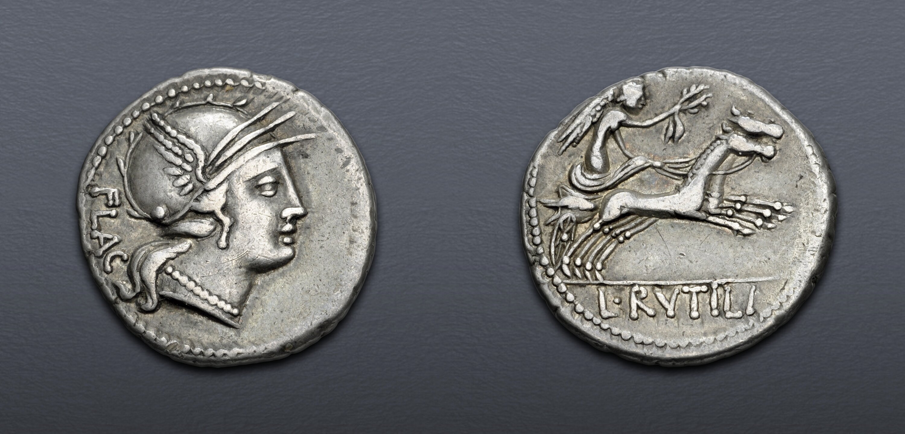 L. Rutilius Flaccus. 77 BC. AR Denarius (18mm, 3.97 g, 5h). Rome mint ...