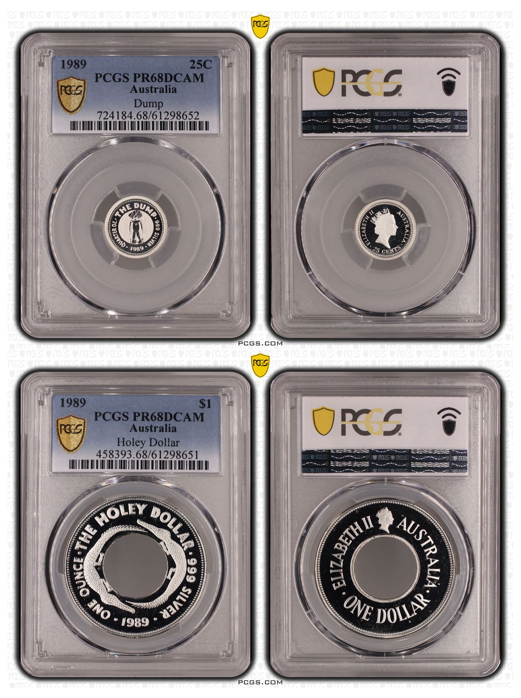 Holey Dollar and Dump, Twenty Five Cent - One Dollar, 1989, PCGS PR68DCAM