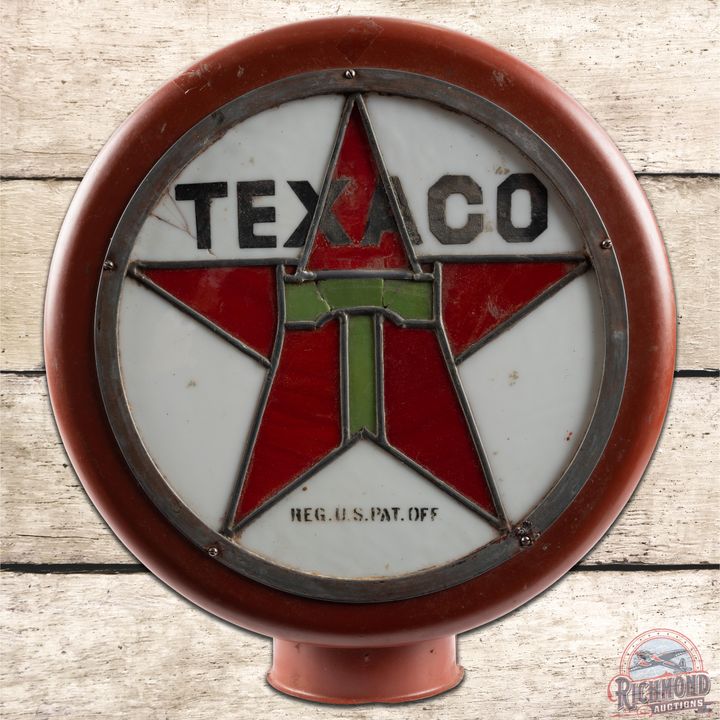 Early Complete Texaco Stained Leaded Glass Gas Pump Globe - 8.25 & 6.75