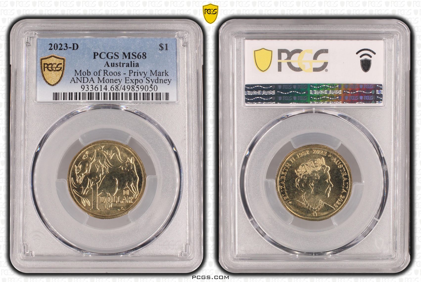 337 · Mob of Roos - Privy Mark - ANDA Money Expo Sydney , One Dollar, 2023-D, PCGS MS68