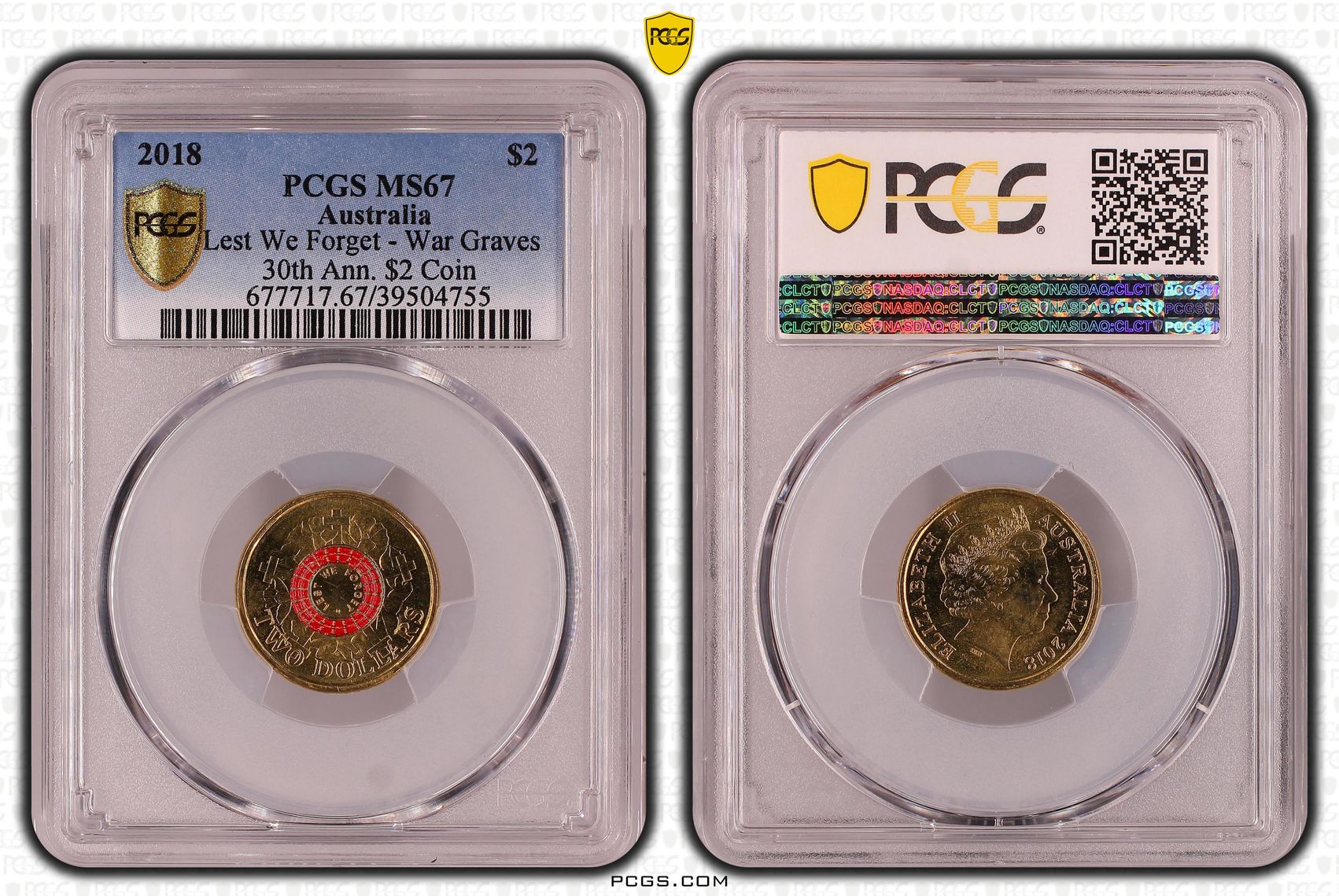 Lest We Forget - War Graves 30th Ann. $2 Coin Colorized, Two Dollar, 2018, PCGS MS67