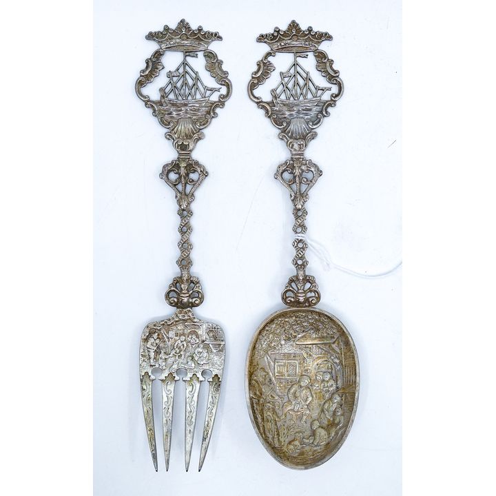 Pair Ornate Dutch 835 Silver Pierced Spoon & Fork 8'' - 138 Grams TW