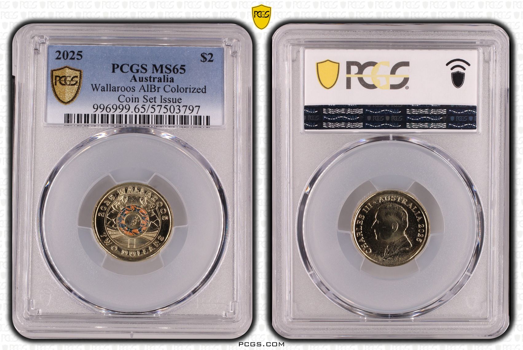 Wallaroos AlBr Colourised Coin Set Issue, Two Dollar, 2025, PCGS MS65