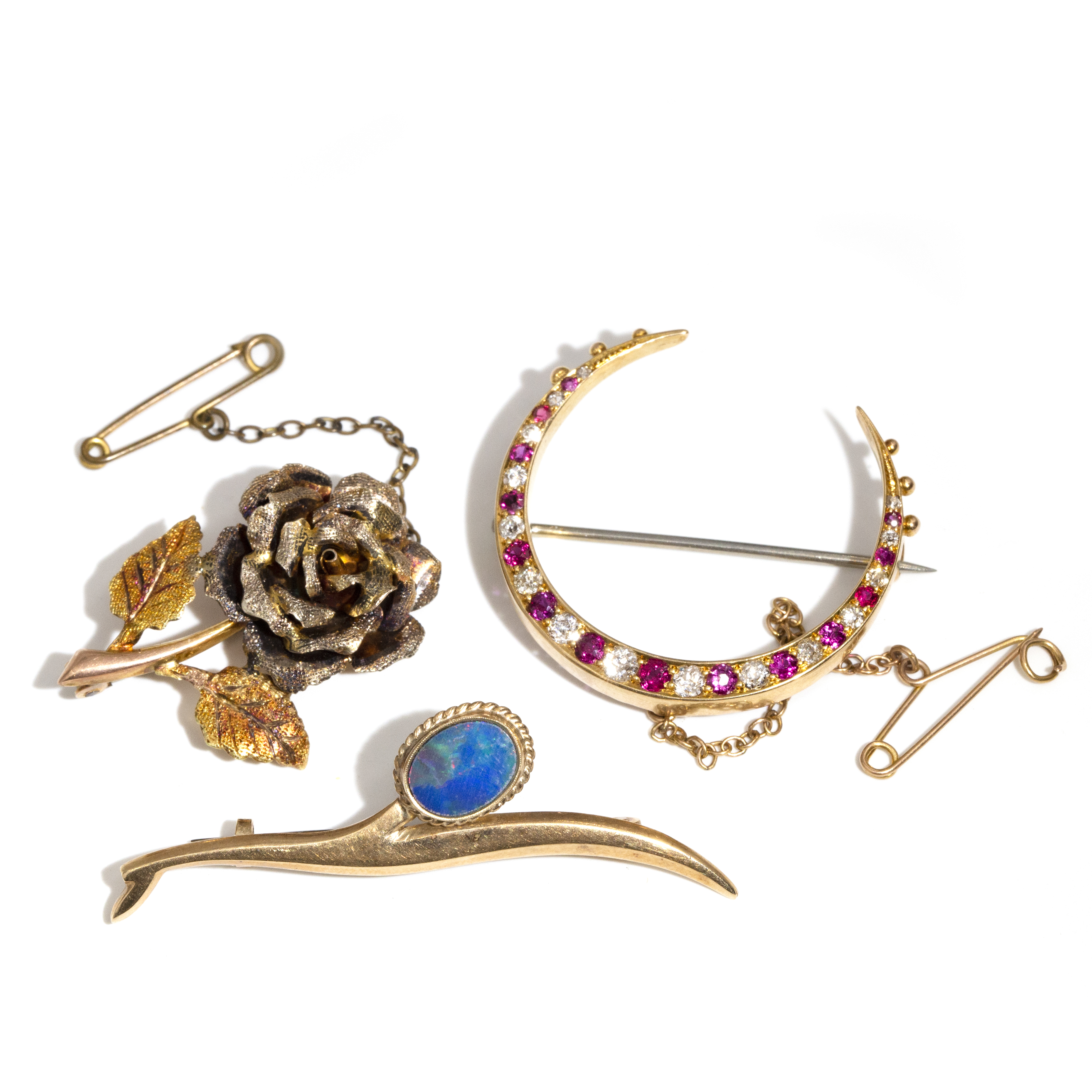 415 · WITHDRAWN   9ct Flower Brooch, 10ct Opal Doublet Brooch & 15ct Diamond & Ruby Brooch