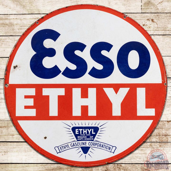 Rare Esso Ethyl Gasoline 30" DS Porcelain Sign w/ Logo
