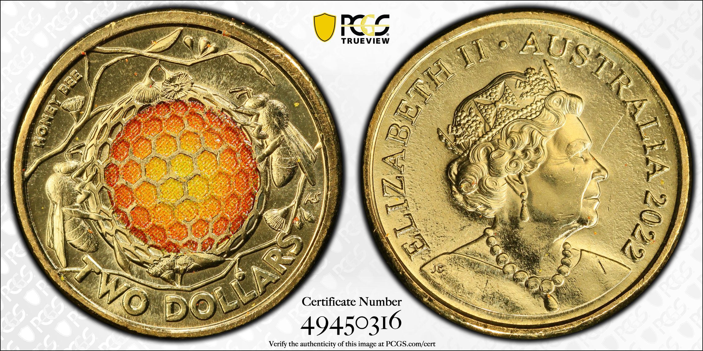 Honey Bee Colourised, Two Dollar, 2022, PCGS MS65
