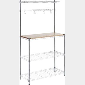 AMAZON BASICS KITCHEN STORAGE BAKER'S RACK WITH TABLE, WOOD/CHROME