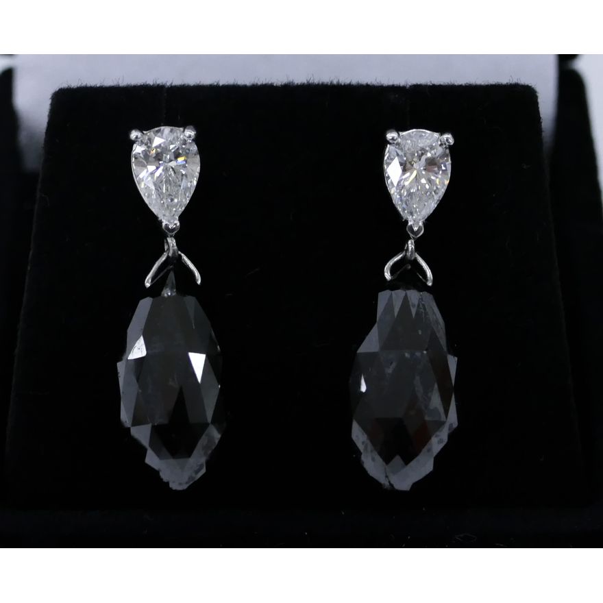Pair Ladies 17.1ctw Black Diamond Briolette Drop Earrings