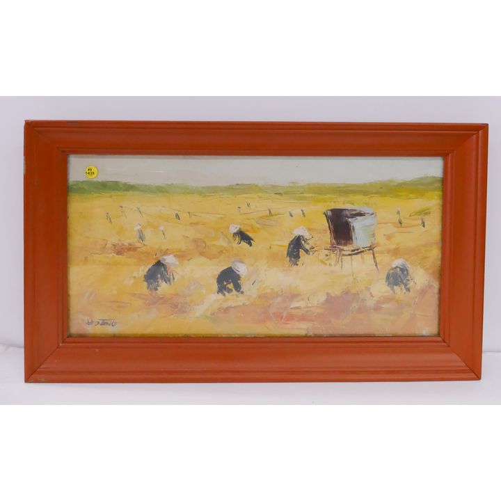 Hoang Rice Pickers Oil on Canvas Framed- 16x28''