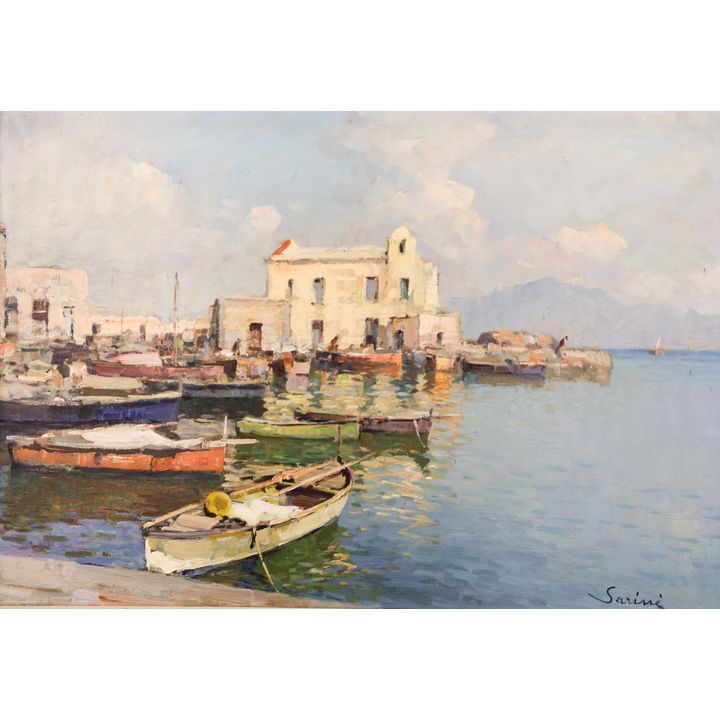 Sarine Italian Harbor Scene Oil