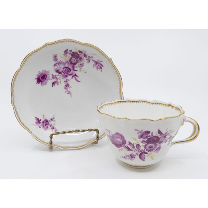 12pc Meissen Pink Flower Porcelain Flat Cups & Saucers